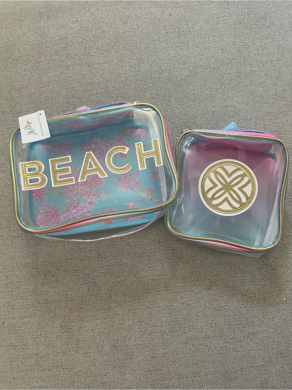 Lilly Pulitzer Clear Beach Cosmetic Bag Set - Turquoise, Pink, Gold